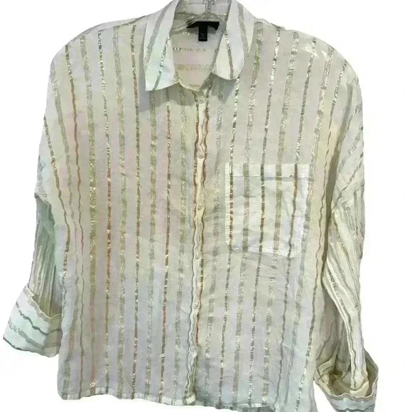 TOPSHOP Lightweight Cotton Linen Button Down With Gold Threading Stripes Size 4 - Picture 1 of 9